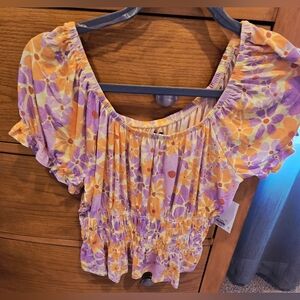 NWT SO Lavender & Peach Floral Smocked Blouse, On Or Off Shoulder, Women's  L